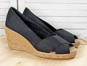 White Mountain Dupioni Fabric Peep Toe Espadrille Wedge‎ Heels Black 9 thumbnail 1