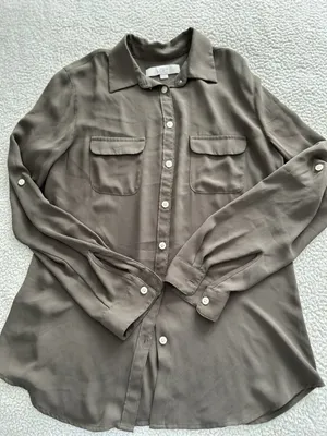 Loft Button Down Roll Tab Sleeve Shirt Blouse Front Pocket Olive Green Size S thumbnail 3