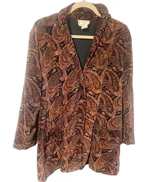 April Cornell Size Medium Red Orange Paisley‎ Velvet Button Front Lined Jacket thumbnail 1