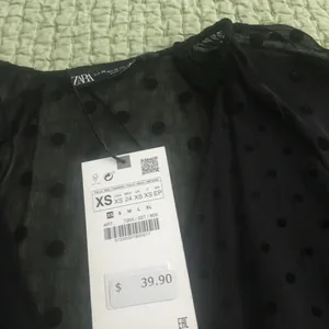 ZARA Blouse Sheer Black,black dots,long bell sleeves w/lace trim, v neck,empire waist thumbnail 5
