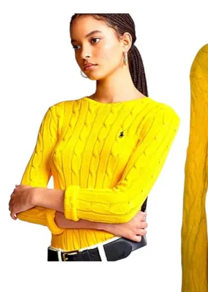 Polo Ralph Lauren Yellow Wool Cashmere Cableknit Sweater Lightweight Large thumbnail 1