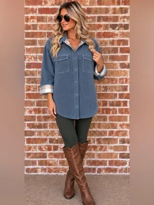 Love Tree Reversible Slate Blue Corduroy Plaid Fleece Shacket Jacket Women’s XL thumbnail 4