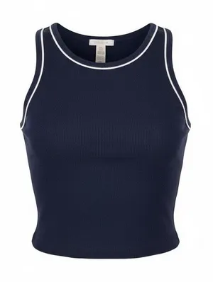 Bozzolo Womens Navy Blue Ribbed Crop Tank‎ Top White Contrast Trim, Size S, NWOT thumbnail 1
