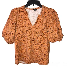 Ann‎ Taylor Factory Linen Dalmatian Polka Dot Puff Sleeve Blouse Rust Orange XS thumbnail 1