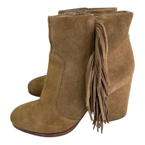 Via Spiga Niurka Dark Natural Suede Fringe Bock Heel Booties Size 9.5 M thumbnail 1