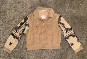 Umgee Women's Tan Corduroy Jacket with Printed Fleece Sleeves thumbnail 1