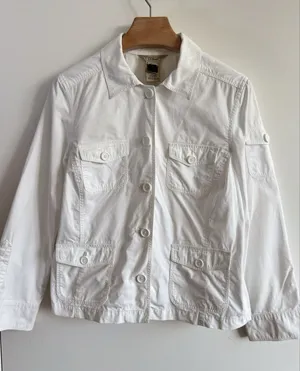 L.L.Bean White Cotton Utility Safari Field Jacket 4 Pocket Button Womens thumbnail 1