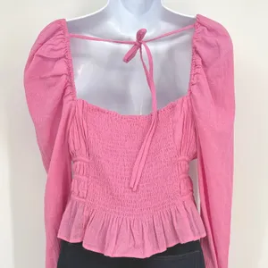 Free People Blouse Women M Pink Smocked Puff Sleeve Boho Top Festival Barbiecore thumbnail 4