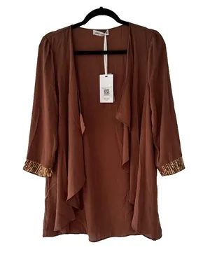 Grace Karin Brown‎ Open Front Waterfall Cardigan Sequin Cuff Brown Medium NEW thumbnail 1