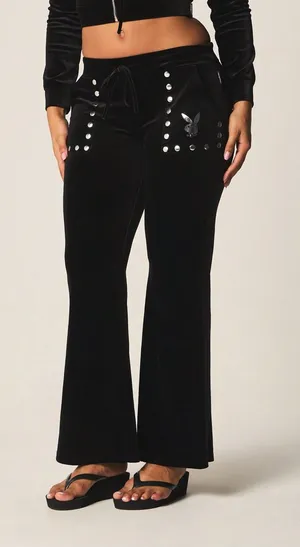 NWT PLAYBOY X Missguided Black Velour Studded Wide Leg Pants Size Small thumbnail 1