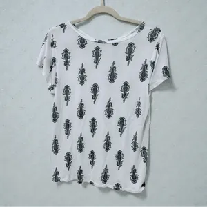 LOFT Short Sleeve Top with Green Paisley on White thumbnail 2