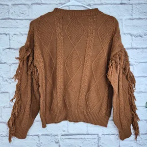 Pink Lily Fringe Sleeve Cable Knit Sweater Brown M Western Boho Fall Cowgirl Top thumbnail 5