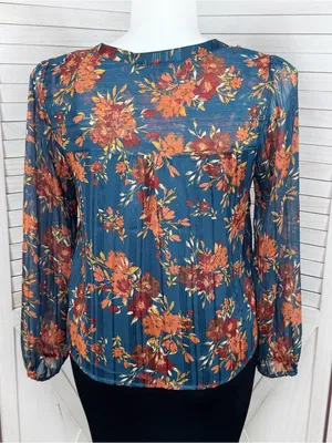 Frye Floral Metallic Jacquard Sheer Blouse Teal Blue Burnt Orange Large Boho thumbnail 4