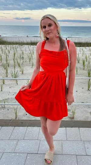 Orange Cut Out Ruched Ruffle Hem Cami Dress thumbnail 1