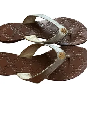 Tory Burch Thora thong sandals metallic leather strap gold logo size 8 thumbnail 2