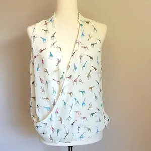 Zara Trafaluc Womens XS White Colorful Giraffe Print Sleeveless‎ Wrap Blouse Top thumbnail 6