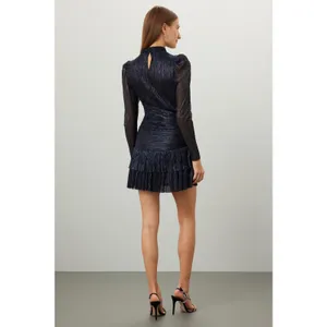 Sabina Musayev Brenda Navy Blue Metallic Long Sleeve Mock Neck Mini Dress Small thumbnail 3