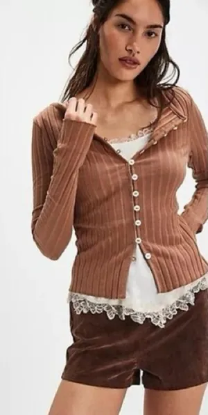 NWOT free people Tilly ribbed longsleeve cardigan in tan thumbnail 1