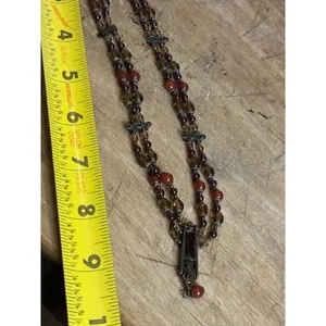 Vintage Multi-Strand Necklace With Red & Amber Beads Bronze Pendant & Chain Intr thumbnail 7