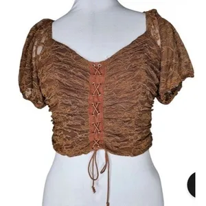 Meraki Brown Boho Lace Up Puff Sleeve Crop Peasant Top Sz L Festival Cottagecore thumbnail 1