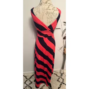 Lilly Pulitzer Womens XS Navy Coral Striped V-Neck Sleeveless Maxi Dress‎ thumbnail 2