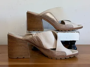 Sorel Joanie II Mule Tan Metallic Rose Gold Leather Block Heel Sandals NL3578 thumbnail 1
