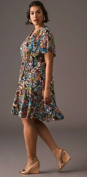 Anthropologie Robin Tiered Mini Dress Women 1X Floral Paisley Multicolor Flutter thumbnail 1