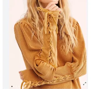 Free People One Tasha Thermal Waffle Knit Lace Up Puff Sleeve Women's Size Small thumbnail 2