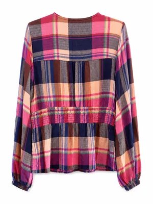 Anthropologie Pilcro Blouse Womens Large Pink Navy Plaid Smocked Waist V-Neck thumbnail 5