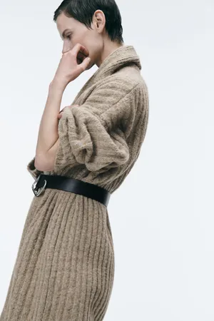 ZARA Tan Ribbed Knit Long Coat Cardigan Jacket thumbnail 5