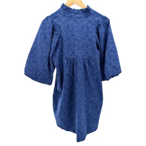 Umgee Blue Leaf Jacquard Puff Sleeve Lace Trim Babydoll Mini Dress S NEW Cottage thumbnail 5