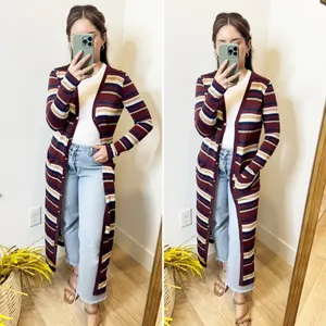 NEW L'AGENCE Multi Striped Lurex Long Duster Cardigan Glitter Brown Cream XS thumbnail 3