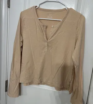 Aerie Cream Long Sleeve Henley Top thumbnail 1