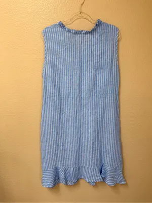Flax Striped Sleeveless A-Line 100% Linen Ruffle Neck Swing Dress Size M thumbnail 4