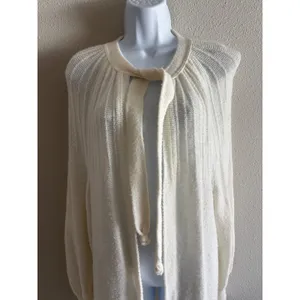 Azure Cardigan Sweater L Cream Vintage Tie Neck Ribbed Knit Open Front USA Made thumbnail 6