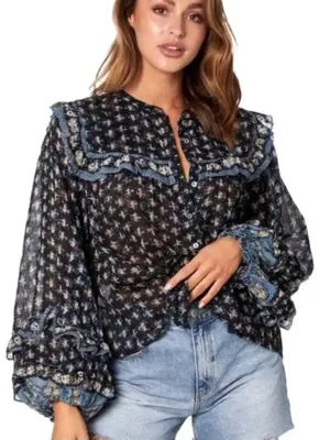 Free People Jenna Top Printed Long Sleeve Blouse Size Small Black Blue White thumbnail 1