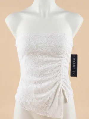 Madden Girl White Lace Strapless Asymmetrical Ruched Top thumbnail 1