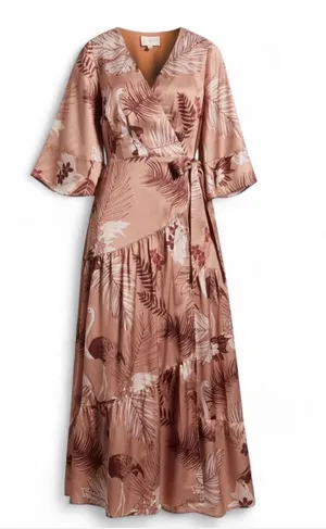 Ciebon Pink Brown Floral Satin Wrap Maxi Dress thumbnail 3