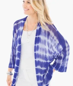 Chico’s Farida Tie Dye Linen Open Mesh Knit Cardigan Womens M Blue Coastal Boho thumbnail 1