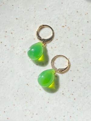 Handmade green opal teardrop Czech glass simple minimalist earrings💚 thumbnail 1