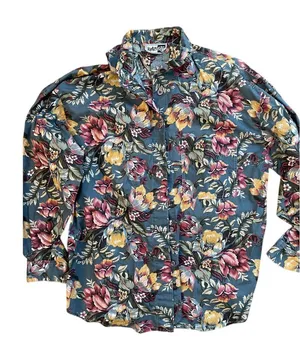 KRAZY KAT vintage retro blue‎ floral women's button down size small 100% cotton thumbnail 1