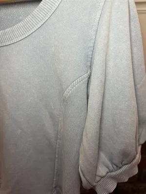 Aerie Women's Blue Acid Wash Puff Sleeve Ribbed Detail Cropped Sweatshirt thumbnail 3