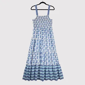 Playa Lucila Maxi Dress Blue Smock Border Tiered Sleeveless Sundress Boho Large thumbnail 2
