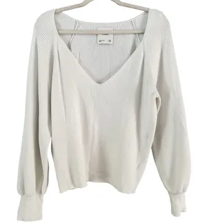 Abercrombie & Fitch White Ribbed V Neck Ballon Sleeve Sweater Size Medium thumbnail 1