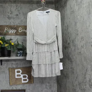 NWT 1. STATE Womens Metallic Crinkled Tiered V-Neck Dress Silver Gray / Gold XS thumbnail 4