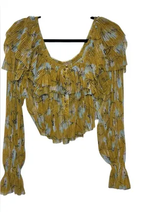 Free People Mustard Yellow Floral Pleated‎ Ruffle Mesh Crop Top Womens Small thumbnail 1