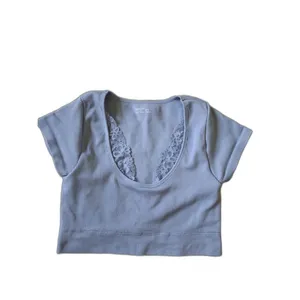 Aerie Superchill Seamless Lace Cap Sleeve Bra Top light blue ribbed knit M thumbnail 2