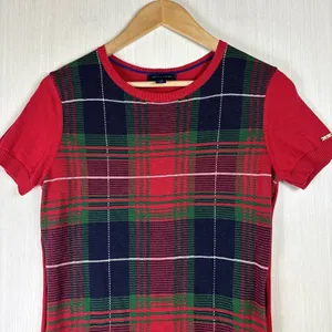 Tommy Hilfiger Red Plaid Short Sleeve Cotton Knit Sweater Dress Womens Small S‎ thumbnail 2