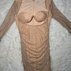Oh Polly Embellished Gold Dress Bodycon Sweetheart‎ ( few stones off ) USA 8 thumbnail 2
