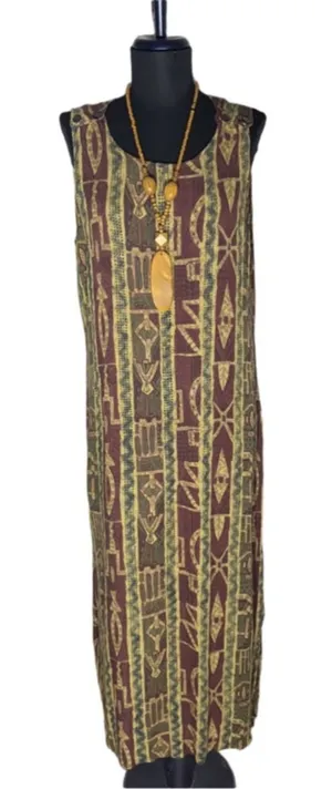 Vintage 90s boho maxi dress brown green ethnic art Western hippie Southern 12 L thumbnail 1
